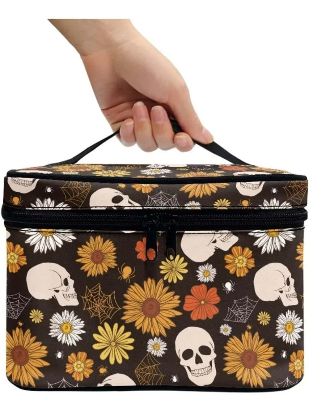 Gothic Floral Skull Makeup Bag - Large Capacity Travel Cosmetic Tote with Zipper